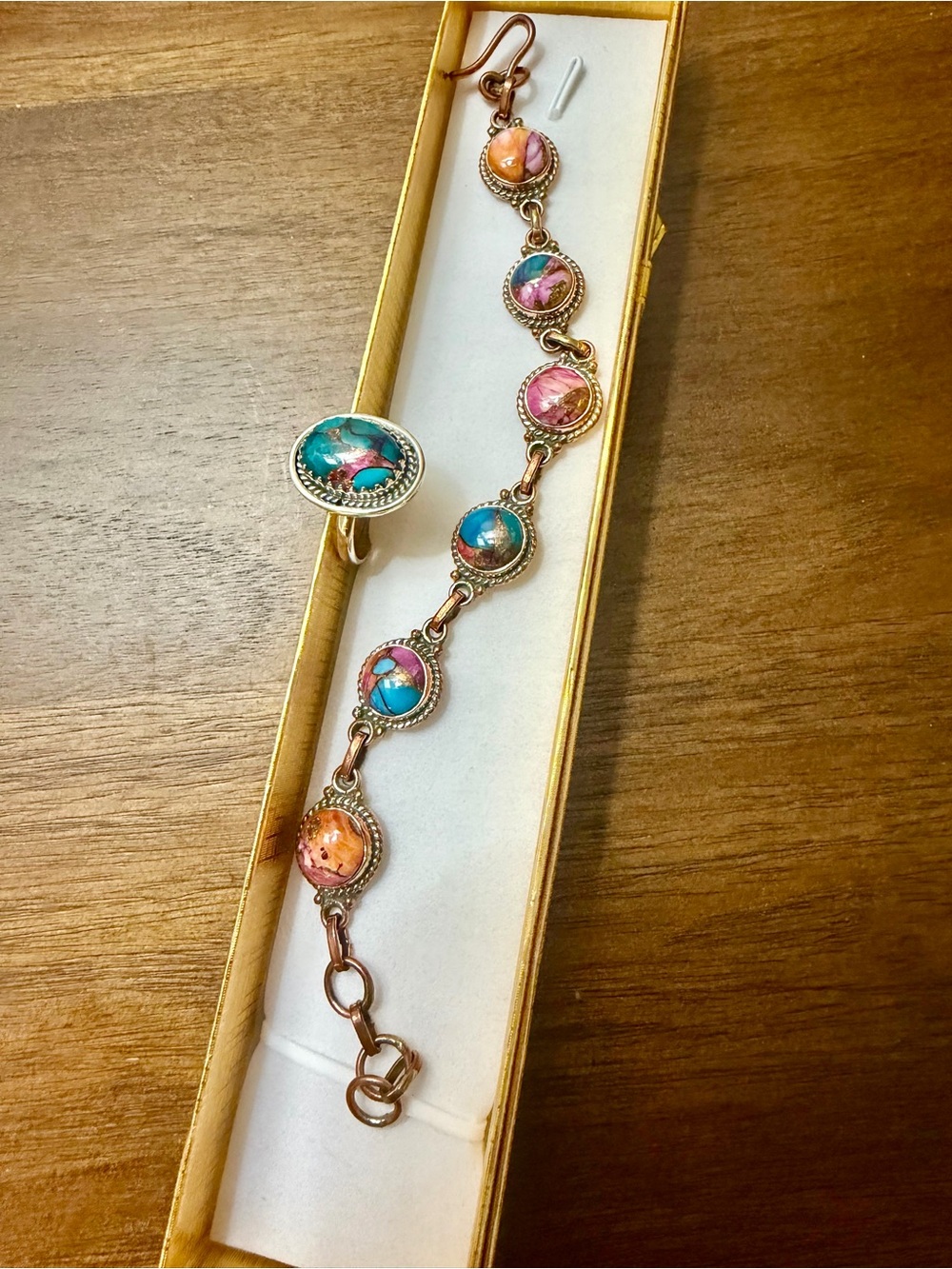 925 Sterling Silver Ring & Multicolor Dahlias Copper Bracelet - Women Jewelry
